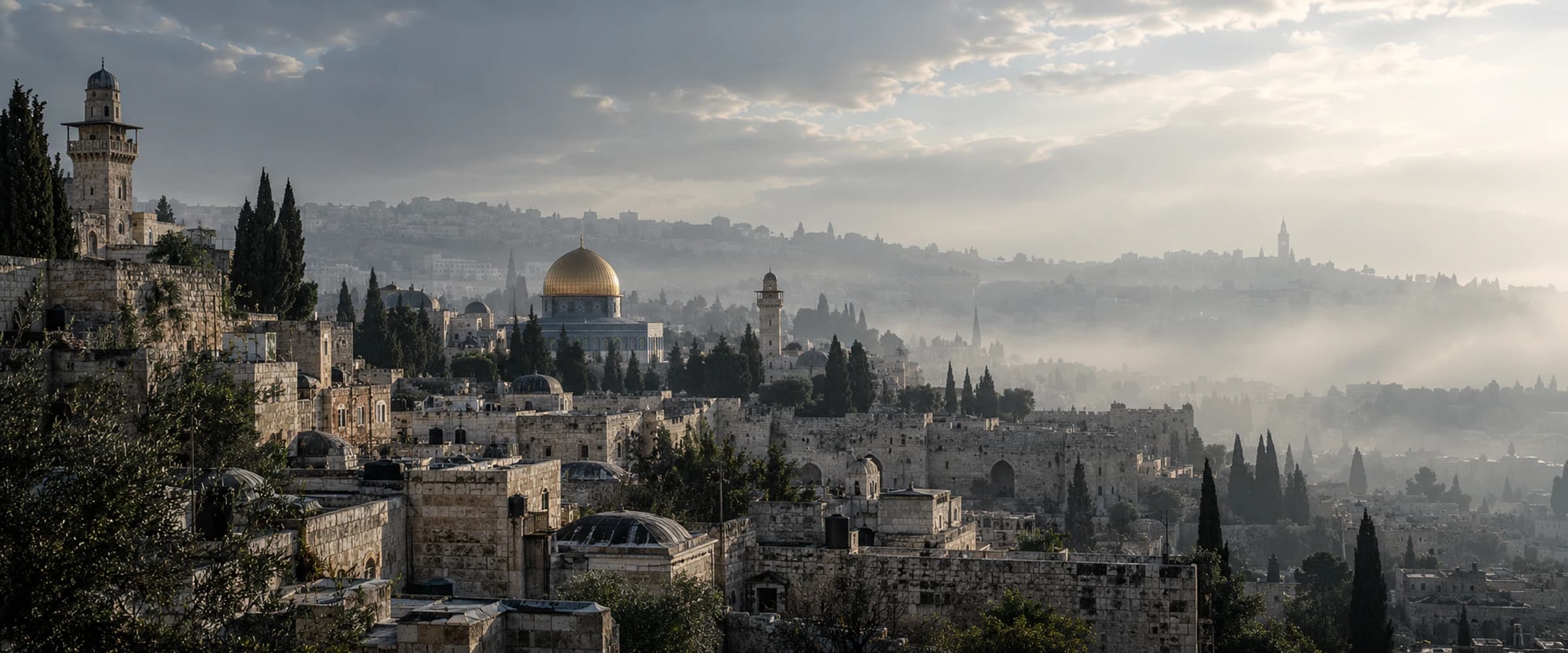 مشهد بانورامي للبلدة القديمة في القدس وقبة الصخرة عند الفجر